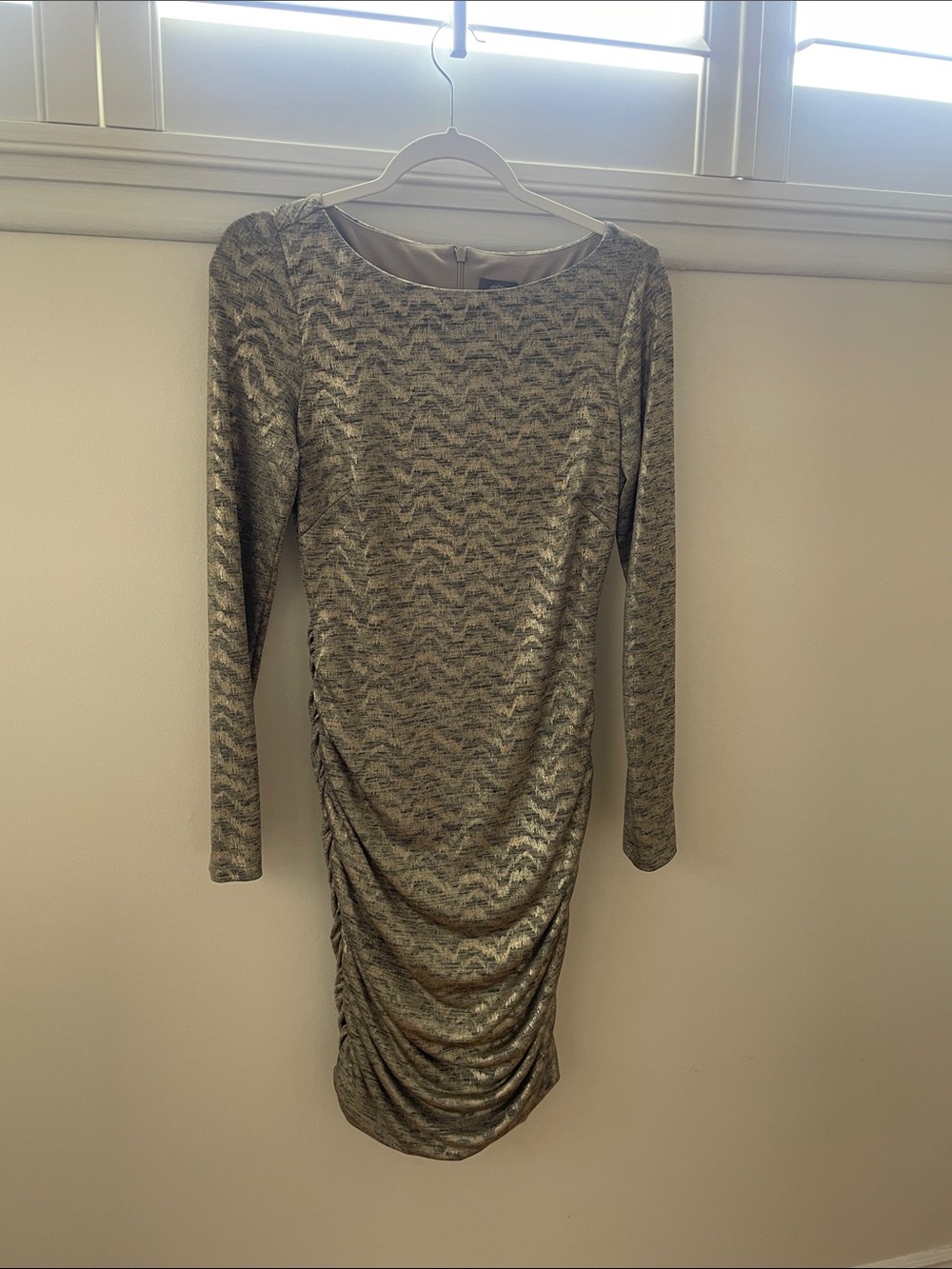 Vince Camuto Metallic Chevron Long-Sleeve Ruched Dress